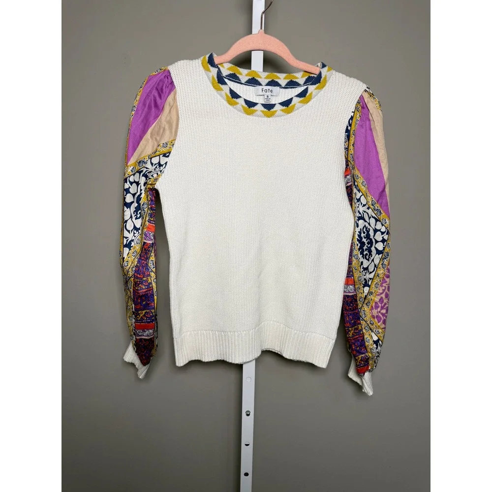 Fate Boho Patchwork Sleeve Knit Sweater S Indie Artsy Cottagecore  Patchwork - Picture 2 of 7